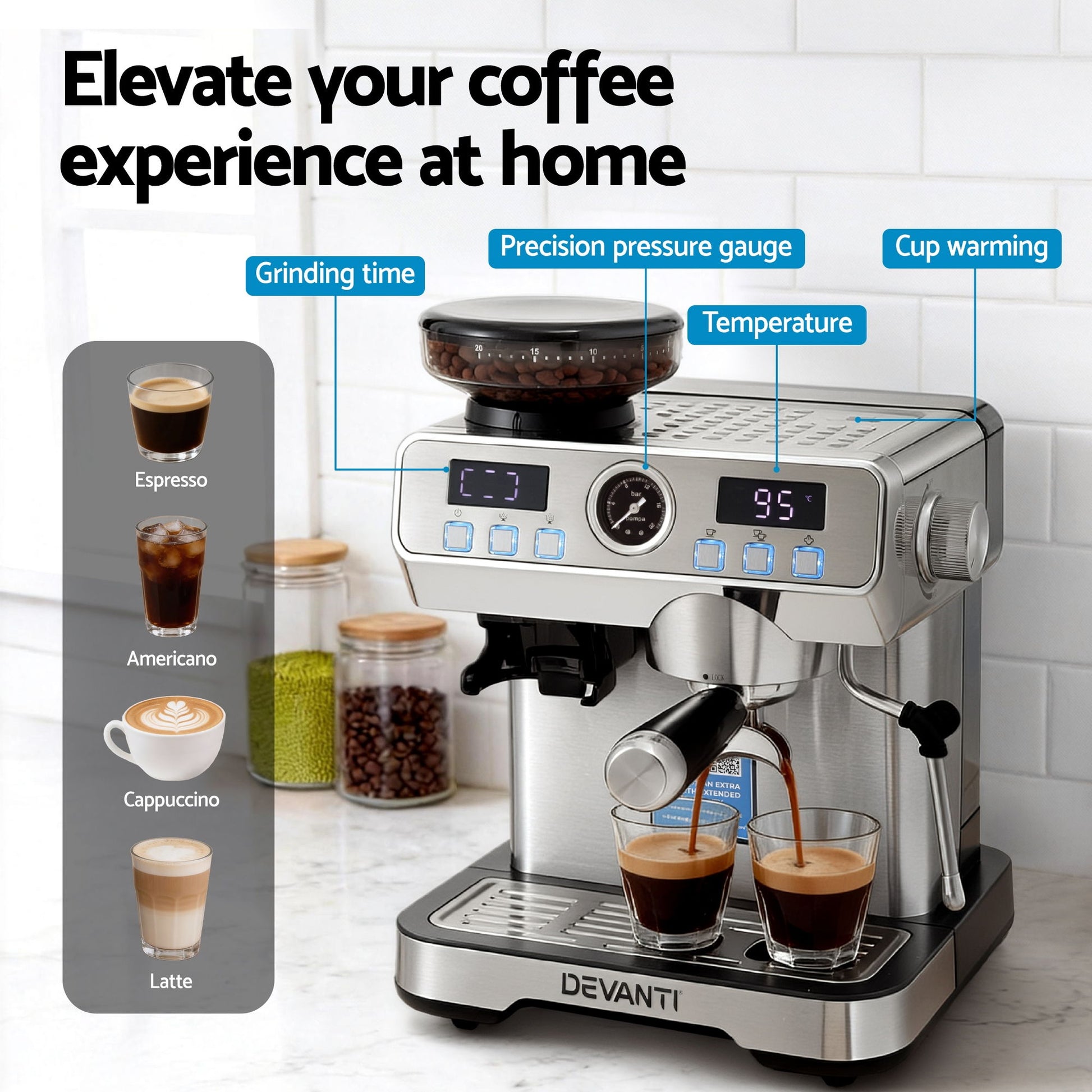 Devanti Coffee Machine Espresso Latte Maker with Grinder Milk Frother Steam Wand - Image 4