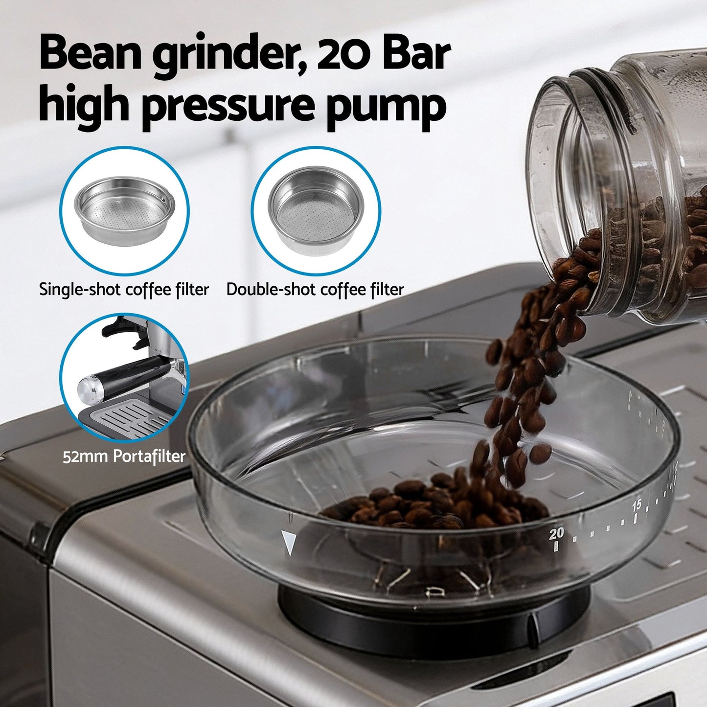 Devanti Coffee Machine Espresso Latte Maker with Grinder Milk Frother Steam Wand - Image 5