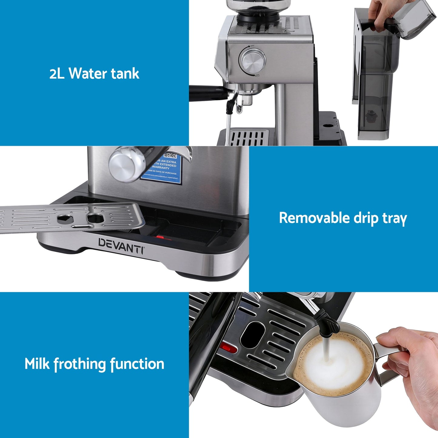Devanti Coffee Machine Espresso Latte Maker with Grinder Milk Frother Steam Wand - Image 6
