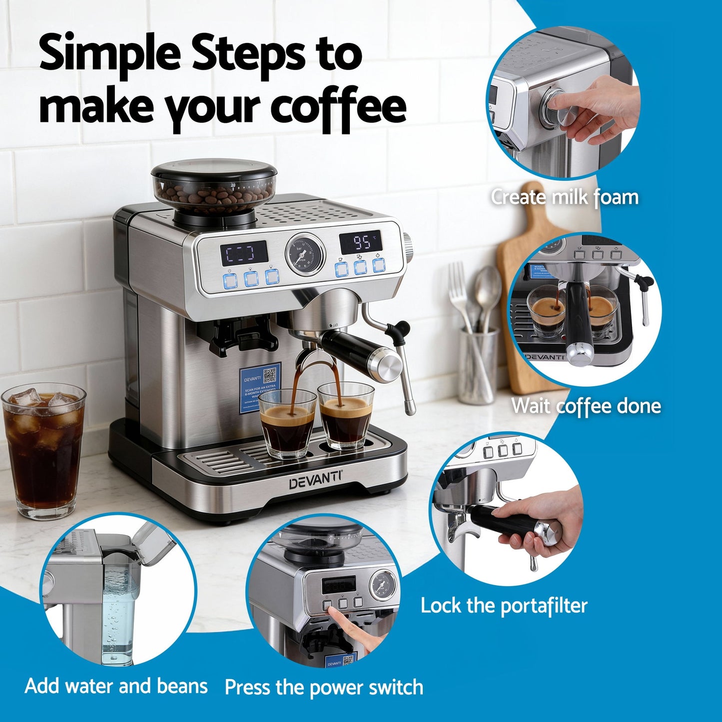 Devanti Coffee Machine Espresso Latte Maker with Grinder Milk Frother Steam Wand - Image 7