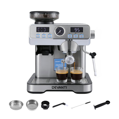 Devanti Coffee Machine Espresso Latte Maker with Grinder Milk Frother Steam Wand - Image 8