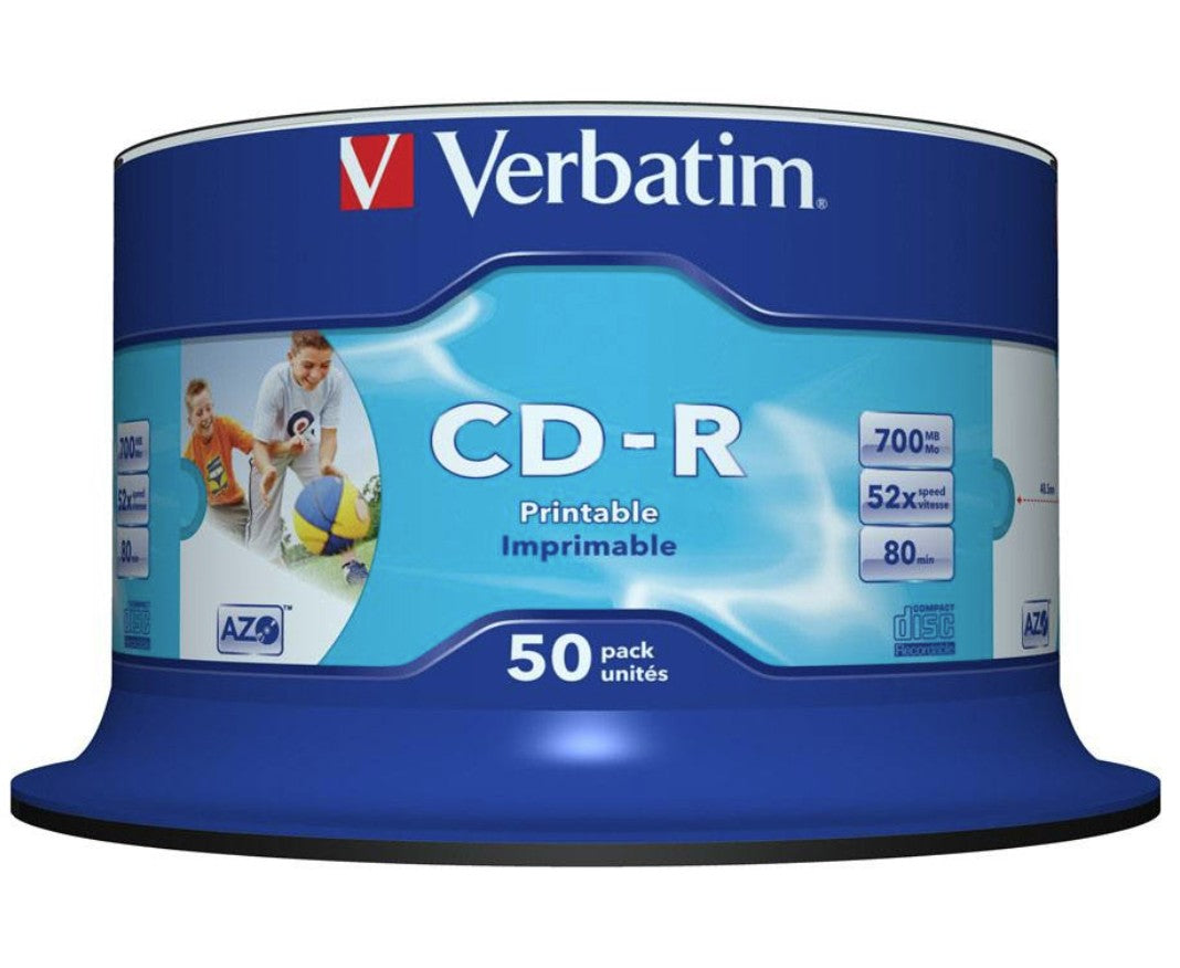 Verbatim CD-R 700MB 50Pk White InkJet 52x Superior ink absorption on high-resolution 5,760 DPI pr...
