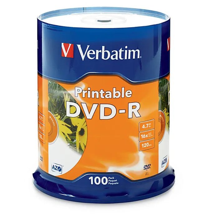 Verbatim DVD-R 4.7GB 100Pk White InkJet 16x, Compatible for Full-Surface, Edge-to-Edge Printing,...