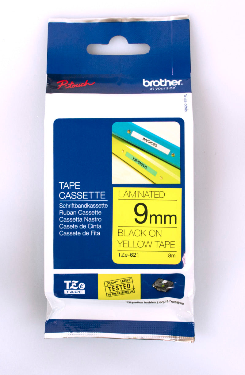 Brother TZE-621 tape 9mm x 8m: black on yellow laminated - Scanner and Labeller