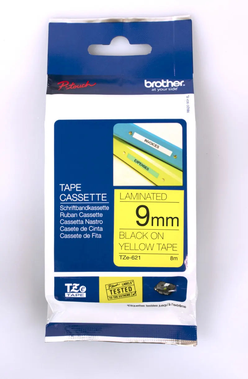 Brother TZE-621 tape 9mm x 8m: black on yellow laminated - Scanner and Labeller