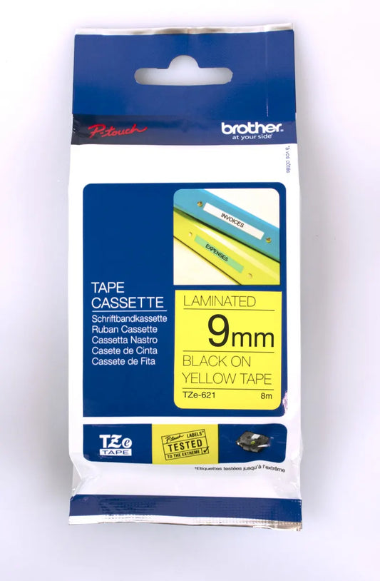 Brother TZE-621 tape 9mm x 8m: black on yellow laminated - Scanner and Labeller