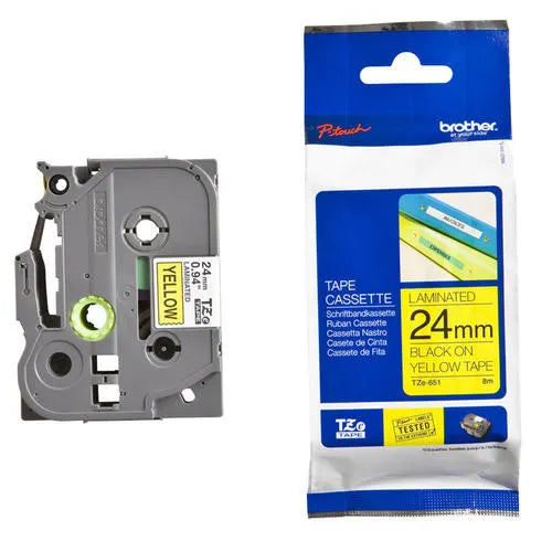 Brother 24mm Black on Yellow TZE Tape - Scanner and Labeller