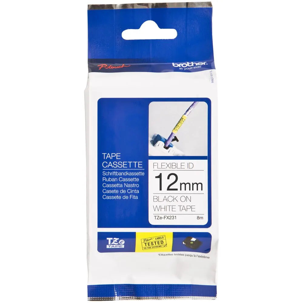 Brother 12mm Black on White Flexible TZE Tape - Scanner and Labeller
