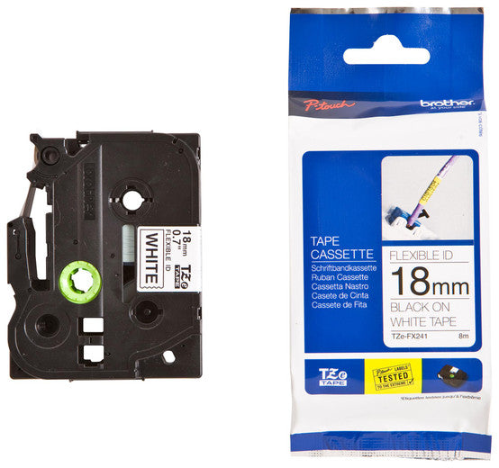 Brother 18mm Black on White FlexibleTZE Tape - Scanner and Labeller