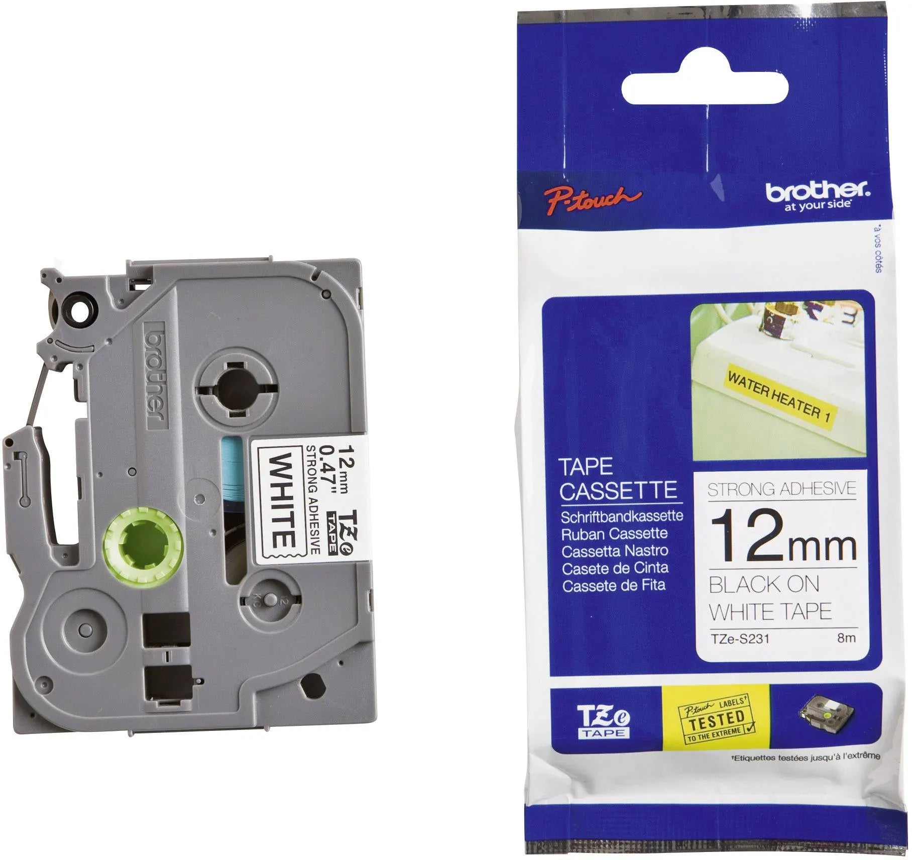 Brother 12mm Black on White Strong Adhesive TZE Tape - Scanner and Labeller