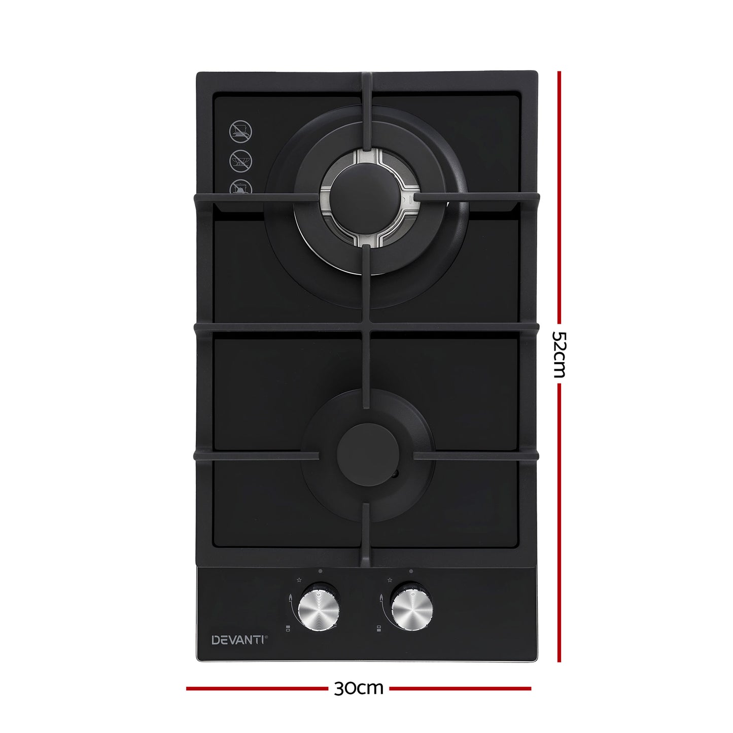 Devanti Gas Cooktop 30cm 2 Burner Built-in Stove Glass Cook Top NG LPG Wok Burner - Image 2