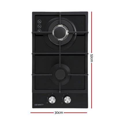 Devanti Gas Cooktop 30cm 2 Burner Built-in Stove Glass Cook Top NG LPG Wok Burner - Image 2