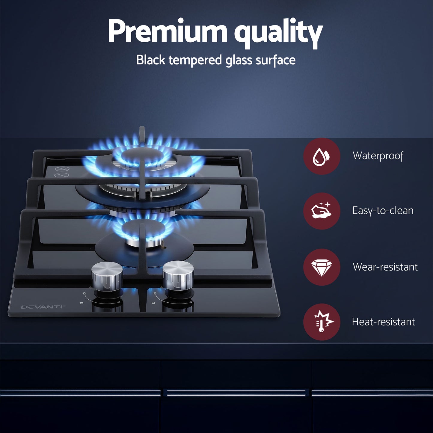Devanti Gas Cooktop 30cm 2 Burner Built-in Stove Glass Cook Top NG LPG Wok Burner - Image 4