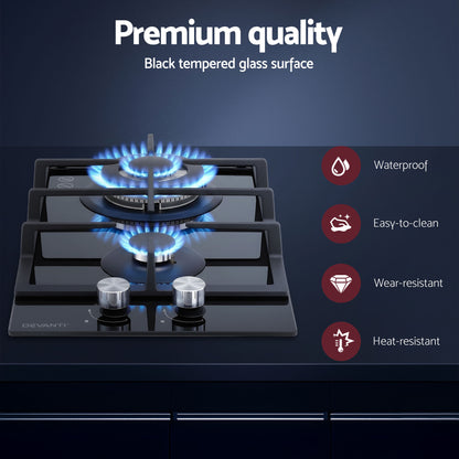 Devanti Gas Cooktop 30cm 2 Burner Built-in Stove Glass Cook Top NG LPG Wok Burner - Image 4
