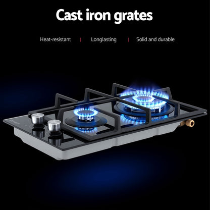 Devanti Gas Cooktop 30cm 2 Burner Built-in Stove Glass Cook Top NG LPG Wok Burner - Image 5