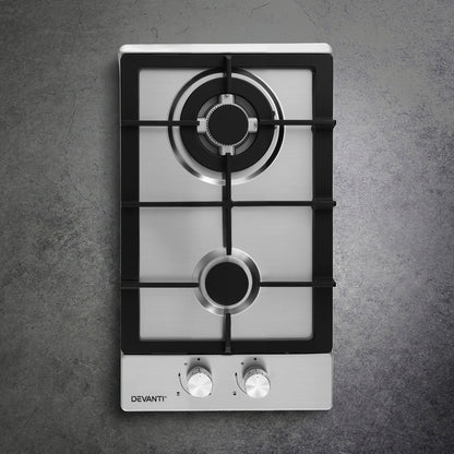 Devanti Gas Cooktop 30cm 2 Burner Silver