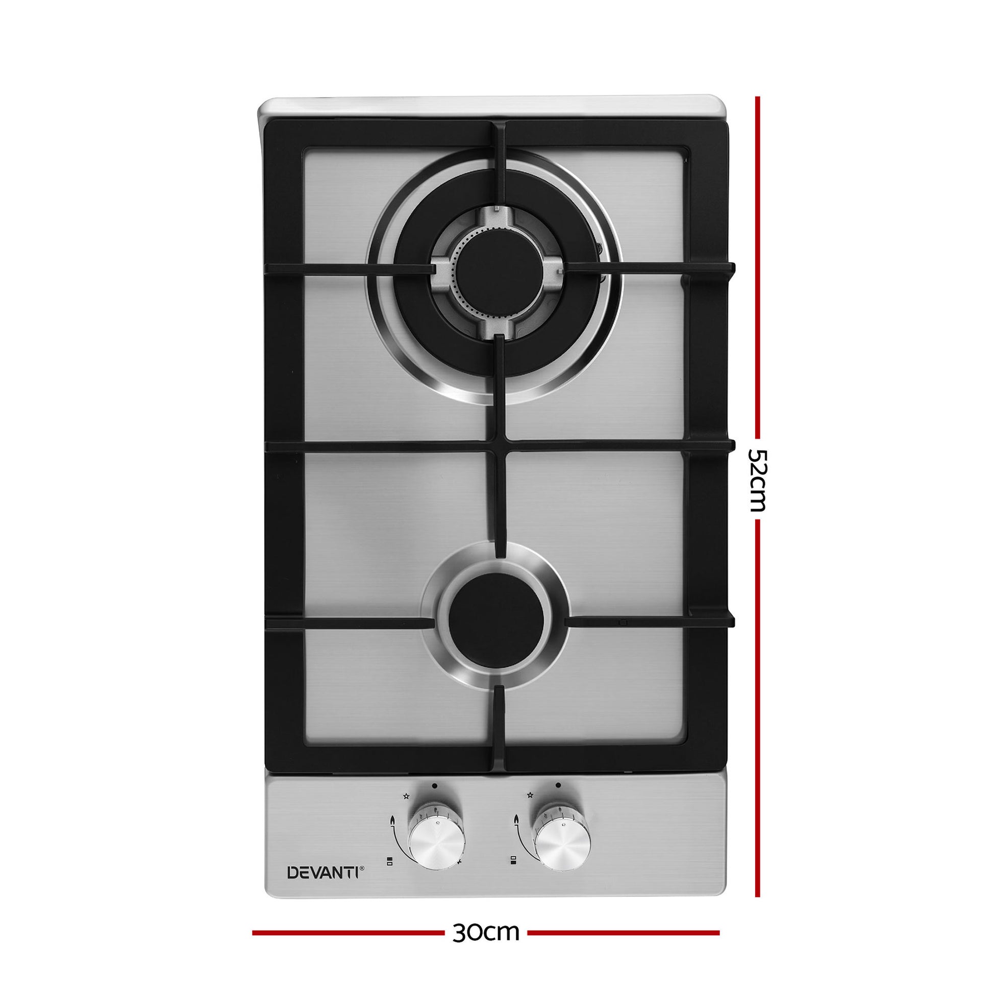 Devanti Gas Cooktop 30cm 2 Burner Silver - Image 2