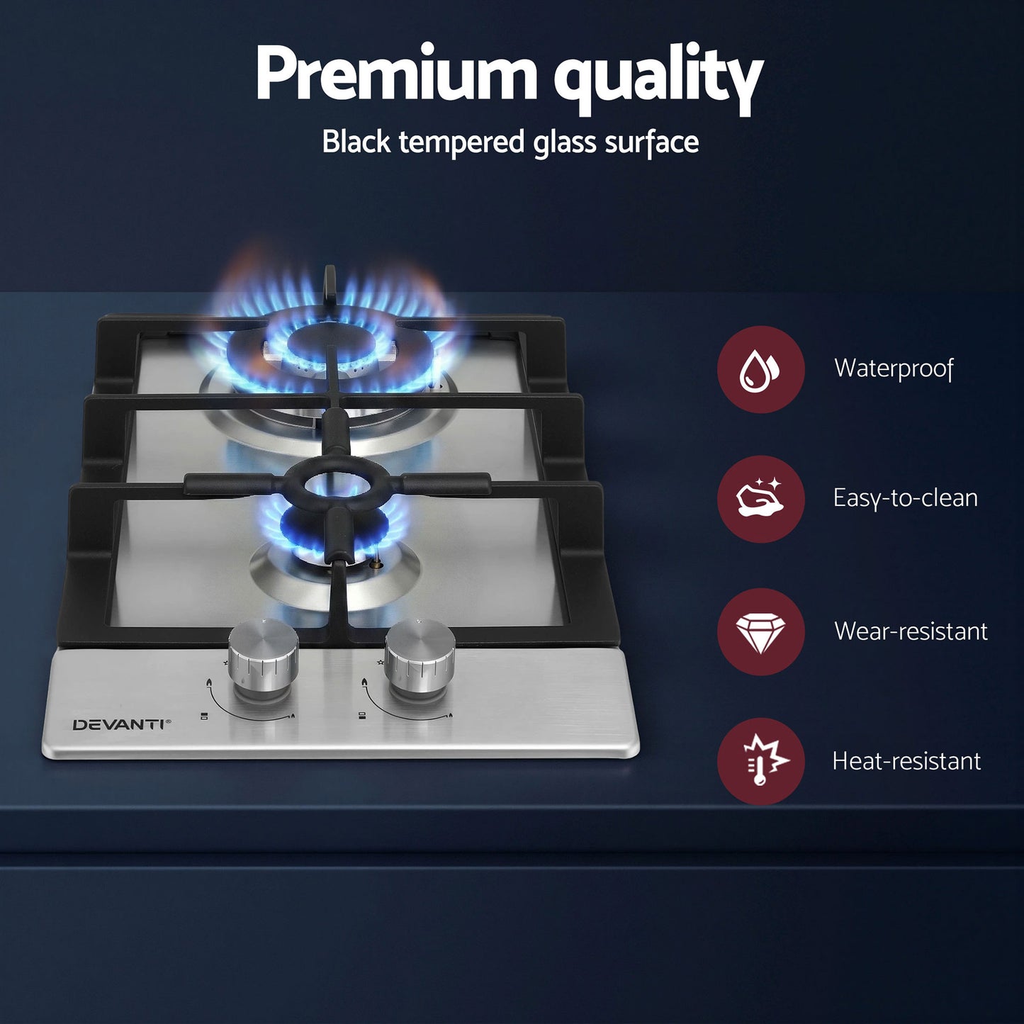 Devanti Gas Cooktop 30cm 2 Burner Silver - Image 4