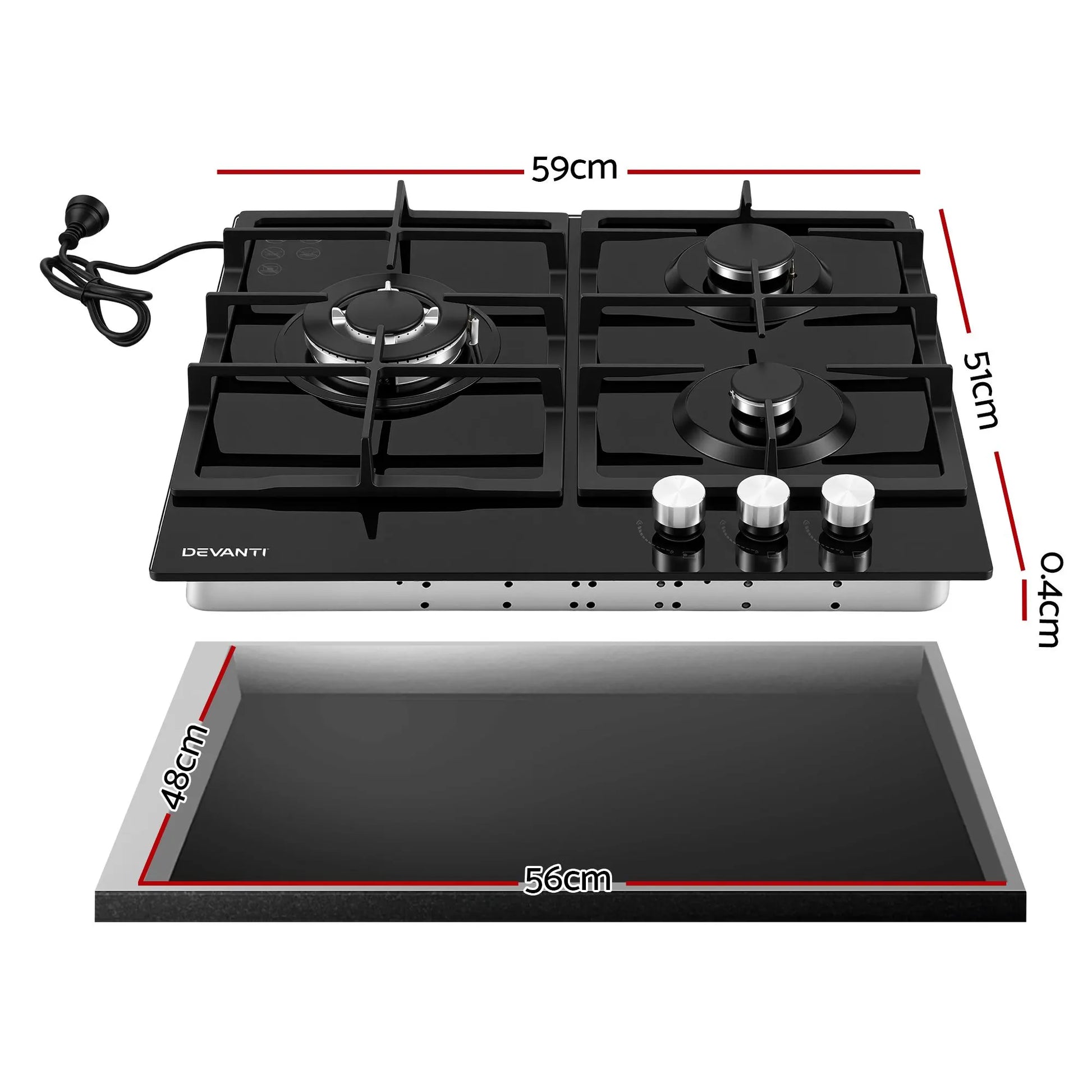 Devanti 59cm Gas Cooktop 3 Burner Knob Control Glass Hob Cast Iron Black - Image 2