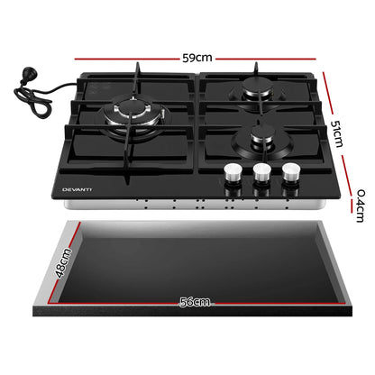Devanti 59cm Gas Cooktop 3 Burner Knob Control Glass Hob Cast Iron Black - Image 2