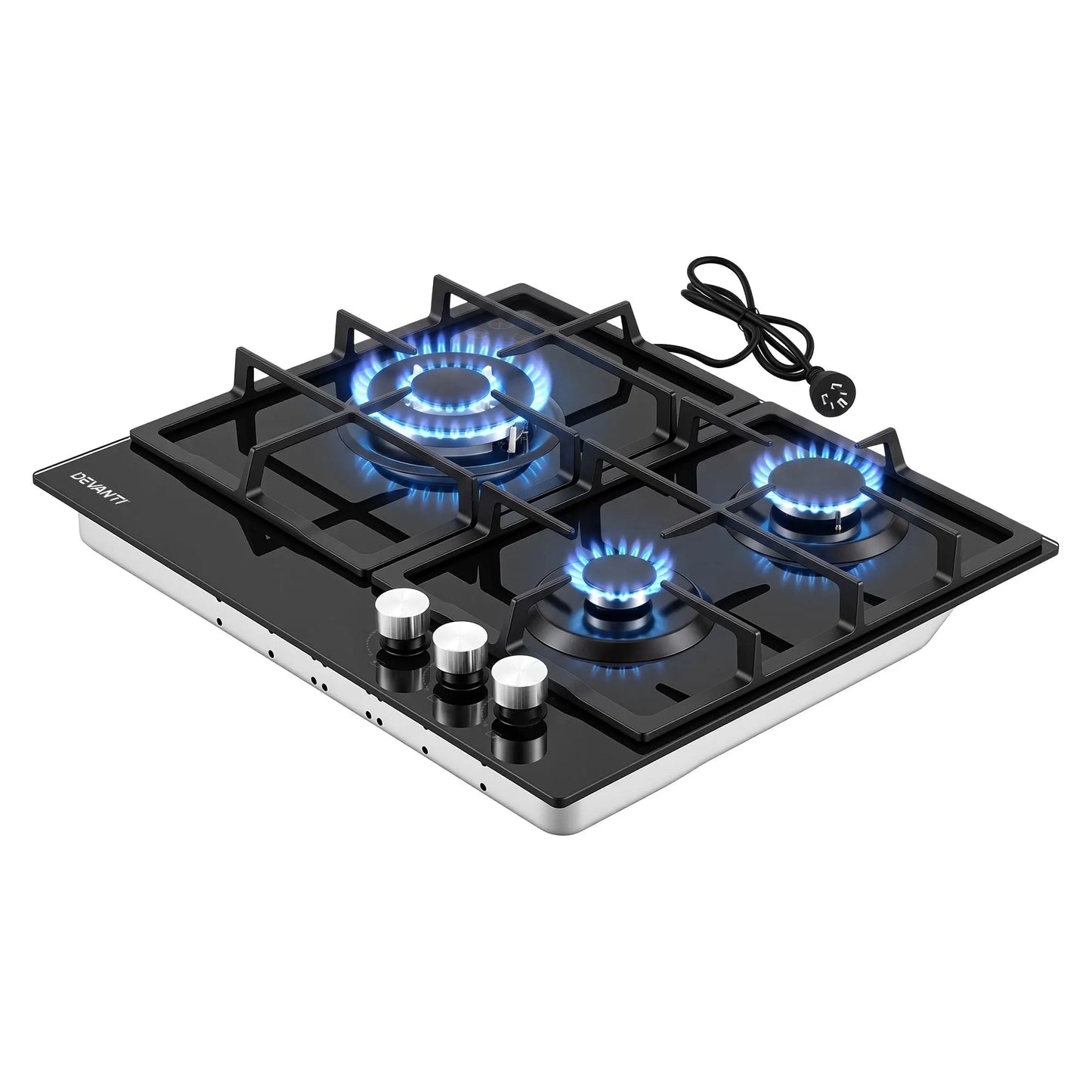 Devanti 59cm Gas Cooktop 3 Burner Knob Control Glass Hob Cast Iron Black - Image 3