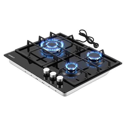 Devanti 59cm Gas Cooktop 3 Burner Knob Control Glass Hob Cast Iron Black - Image 3