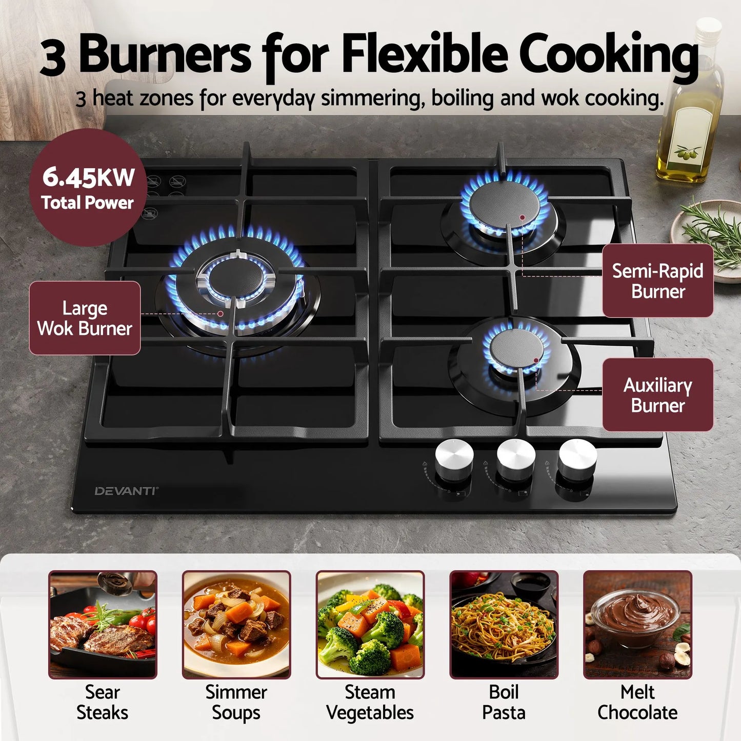 Devanti 59cm Gas Cooktop 3 Burner Knob Control Glass Hob Cast Iron Black - Image 4