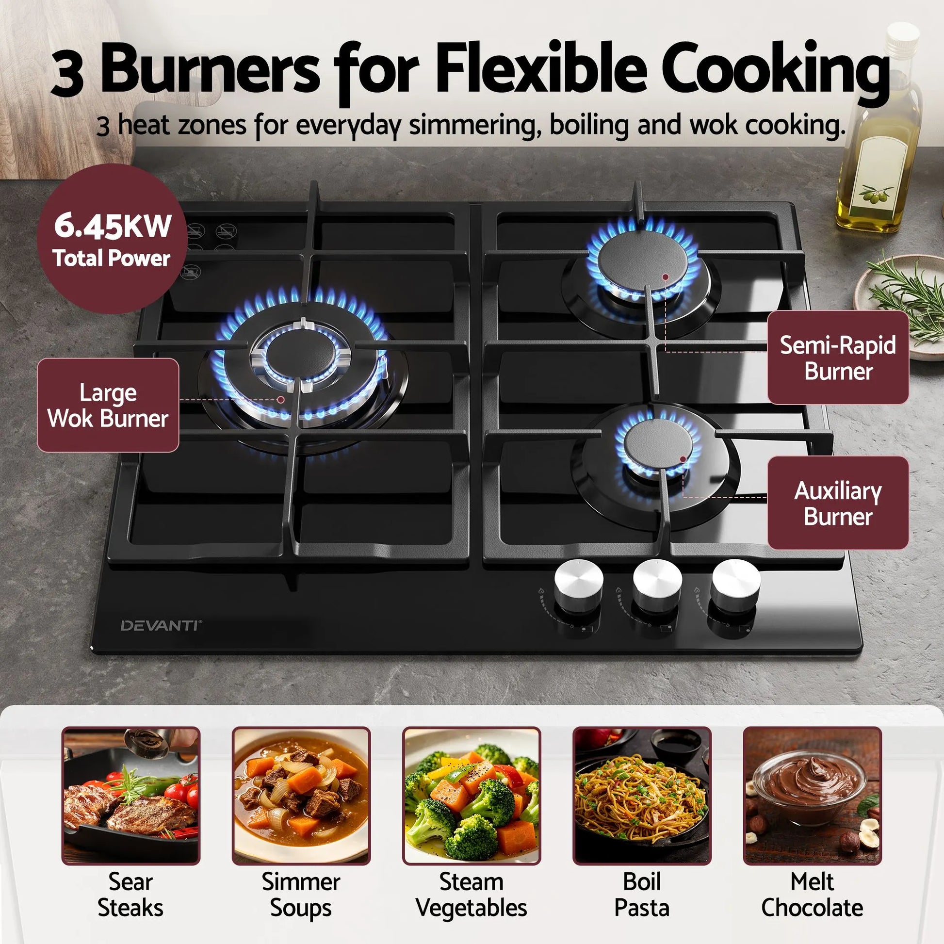 Devanti 59cm Gas Cooktop 3 Burner Knob Control Glass Hob Cast Iron Black - Image 4