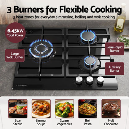 Devanti 59cm Gas Cooktop 3 Burner Knob Control Glass Hob Cast Iron Black - Image 4
