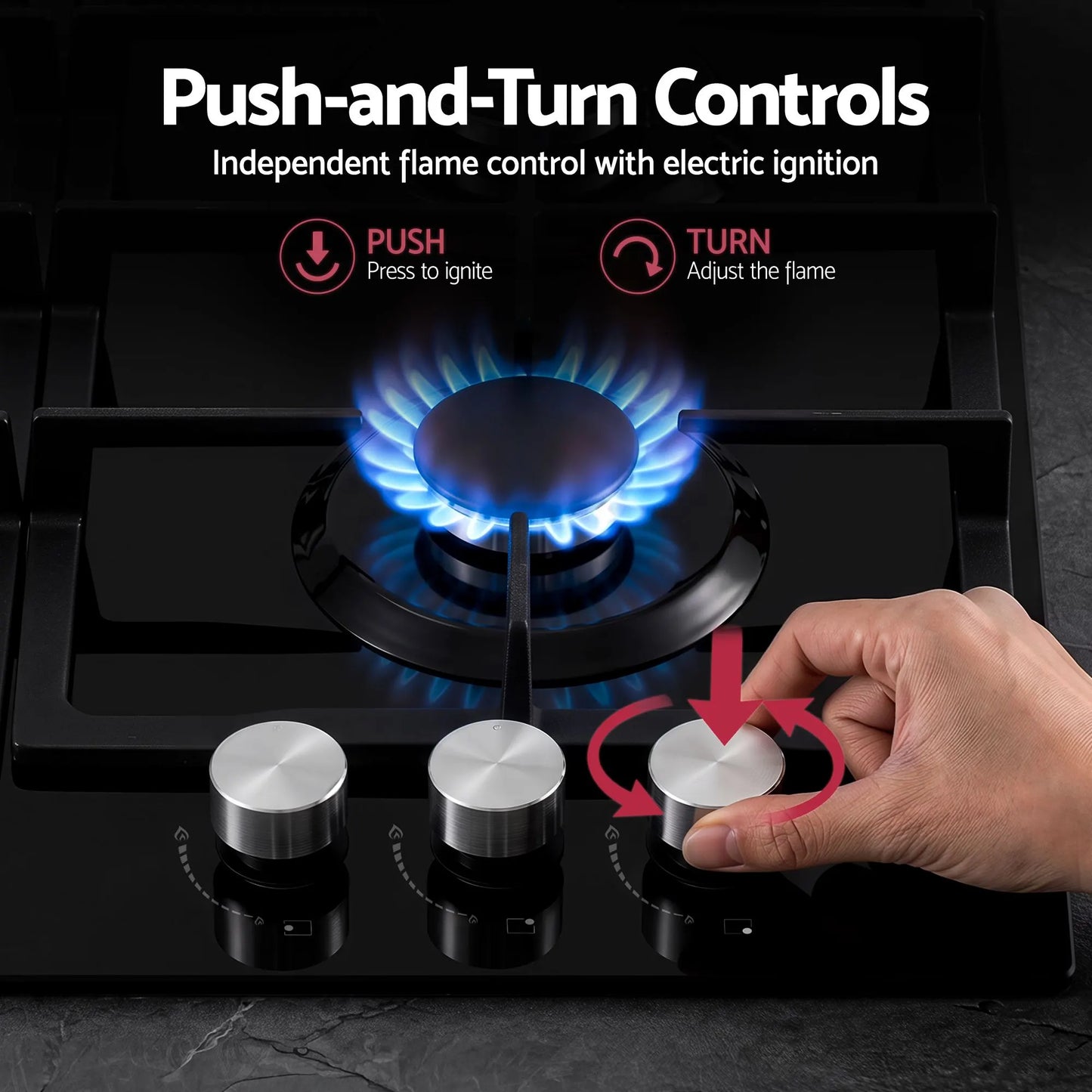 Devanti 59cm Gas Cooktop 3 Burner Knob Control Glass Hob Cast Iron Black - Image 5