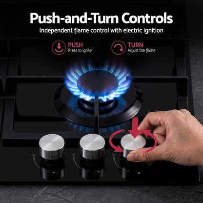 Devanti 59cm Gas Cooktop 3 Burner Knob Control Glass Hob Cast Iron Black - Image 5
