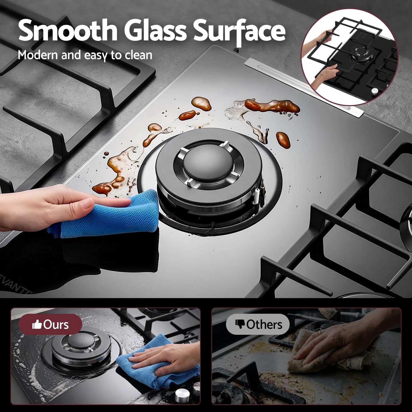 Devanti 59cm Gas Cooktop 3 Burner Knob Control Glass Hob Cast Iron Black - Image 7