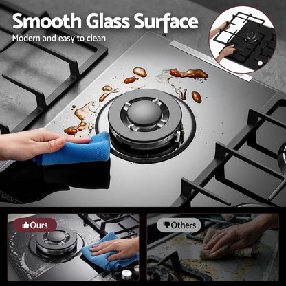 Devanti 59cm Gas Cooktop 3 Burner Knob Control Glass Hob Cast Iron Black - Image 7
