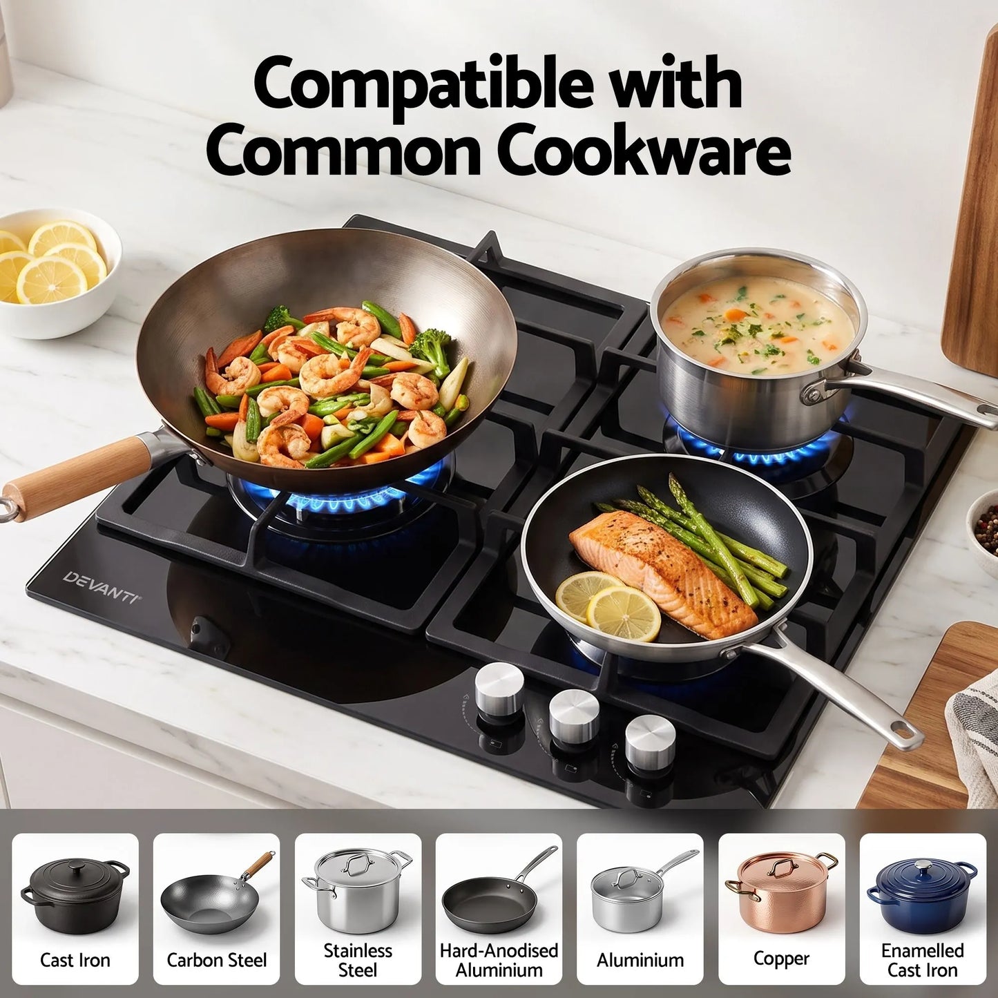Devanti 59cm Gas Cooktop 3 Burner Knob Control Glass Hob Cast Iron Black - Image 8