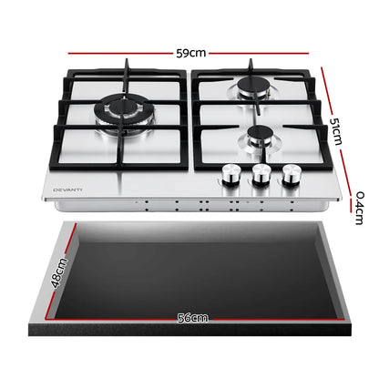Devanti 59cm Gas Cooktop 3 Burner Knob Control Stainless Steel Hob Silver - Image 2