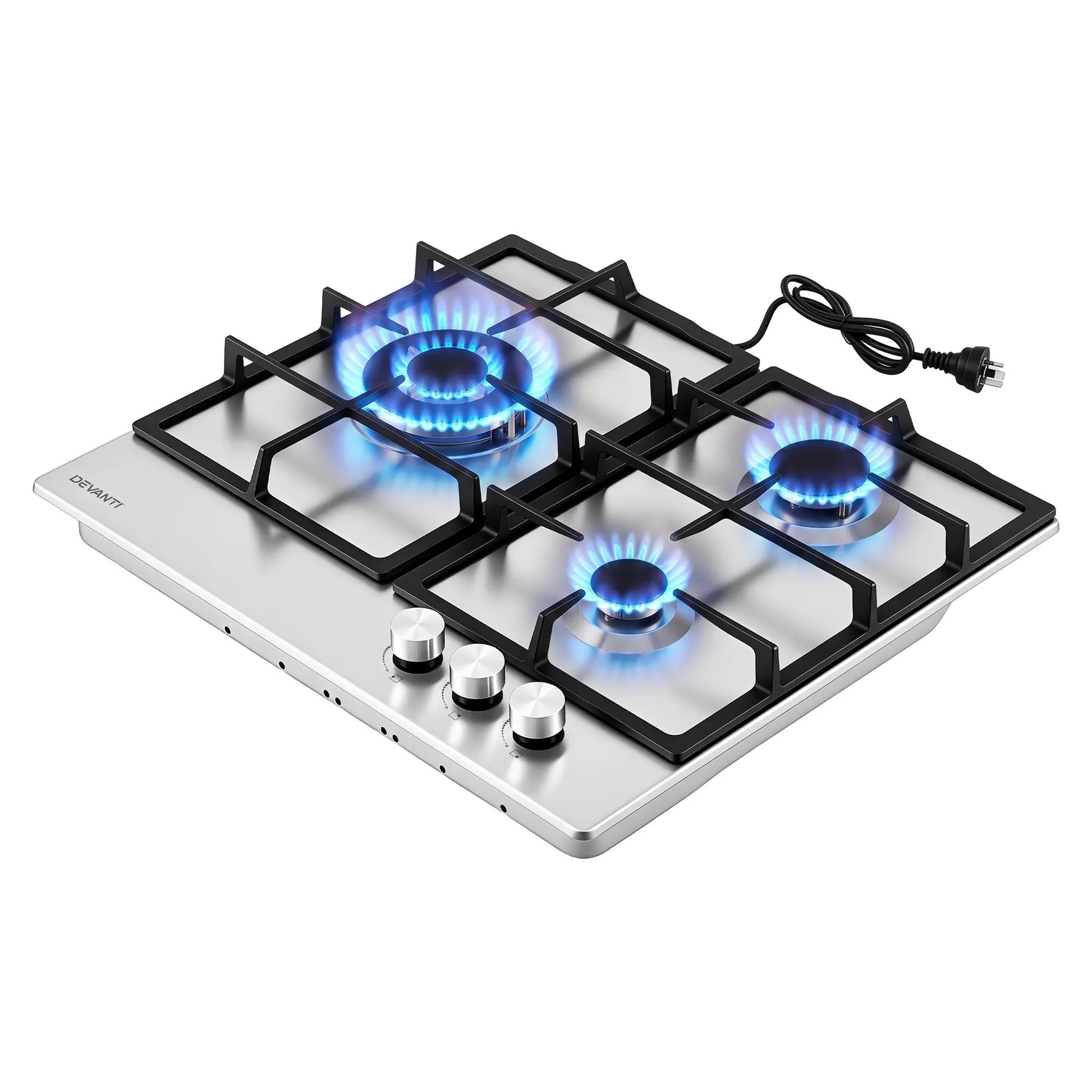 Devanti 59cm Gas Cooktop 3 Burner Knob Control Stainless Steel Hob Silver - Image 3