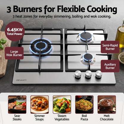 Devanti 59cm Gas Cooktop 3 Burner Knob Control Stainless Steel Hob Silver - Image 4