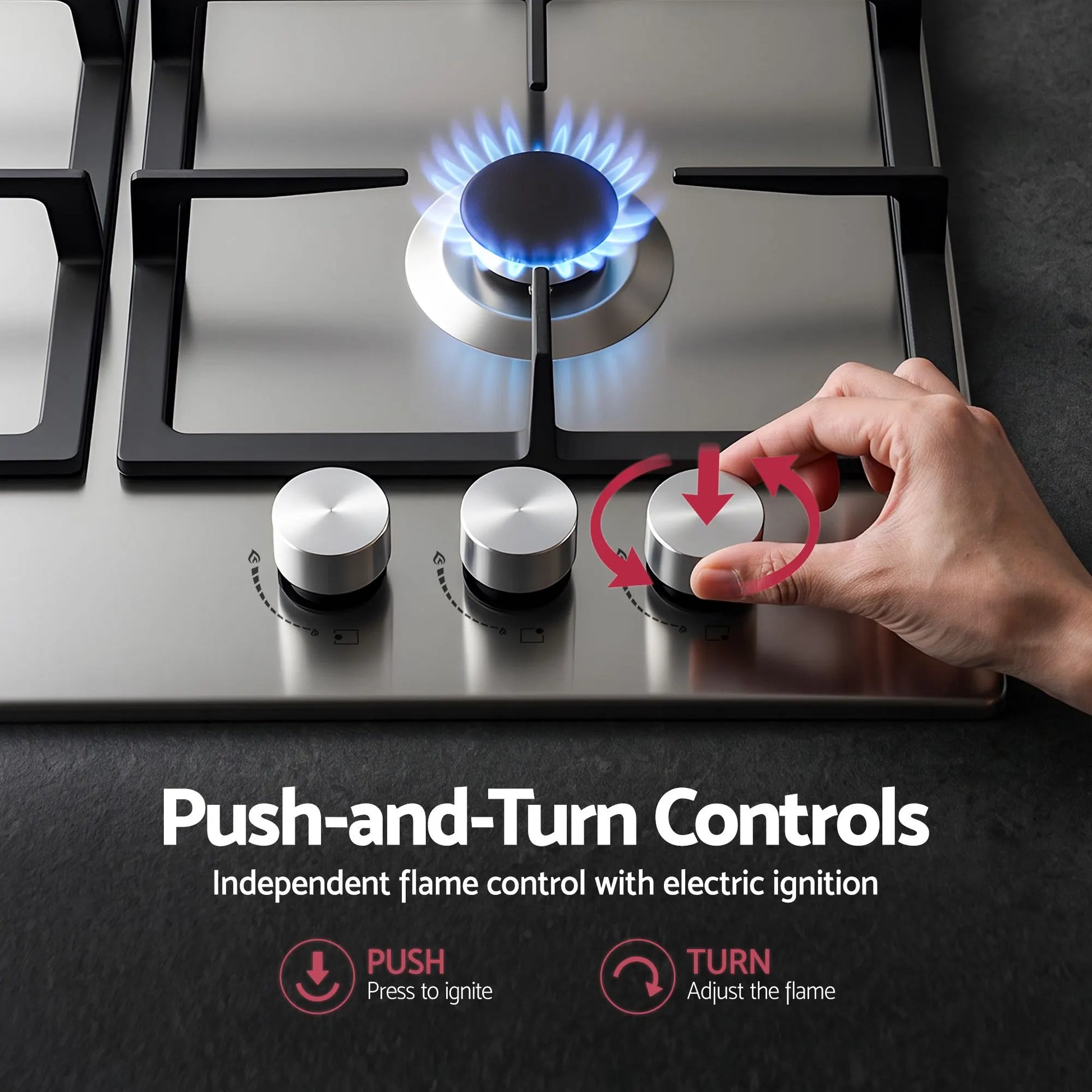Devanti 59cm Gas Cooktop 3 Burner Knob Control Stainless Steel Hob Silver - Image 5