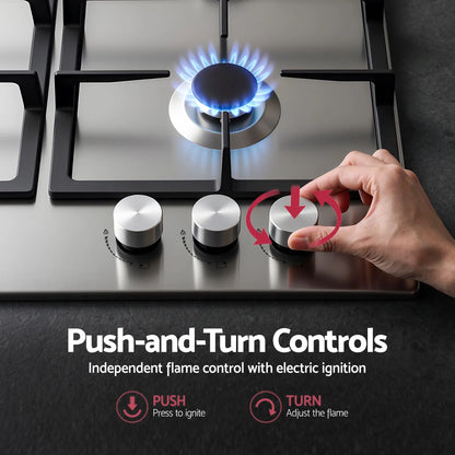 Devanti 59cm Gas Cooktop 3 Burner Knob Control Stainless Steel Hob Silver - Image 5