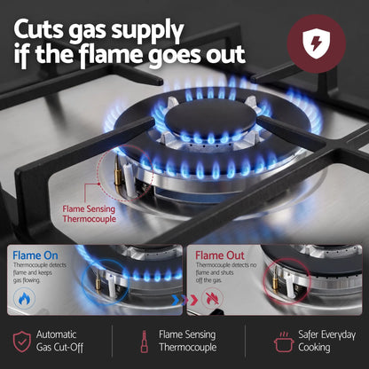Devanti 59cm Gas Cooktop 3 Burner Knob Control Stainless Steel Hob Silver - Image 6