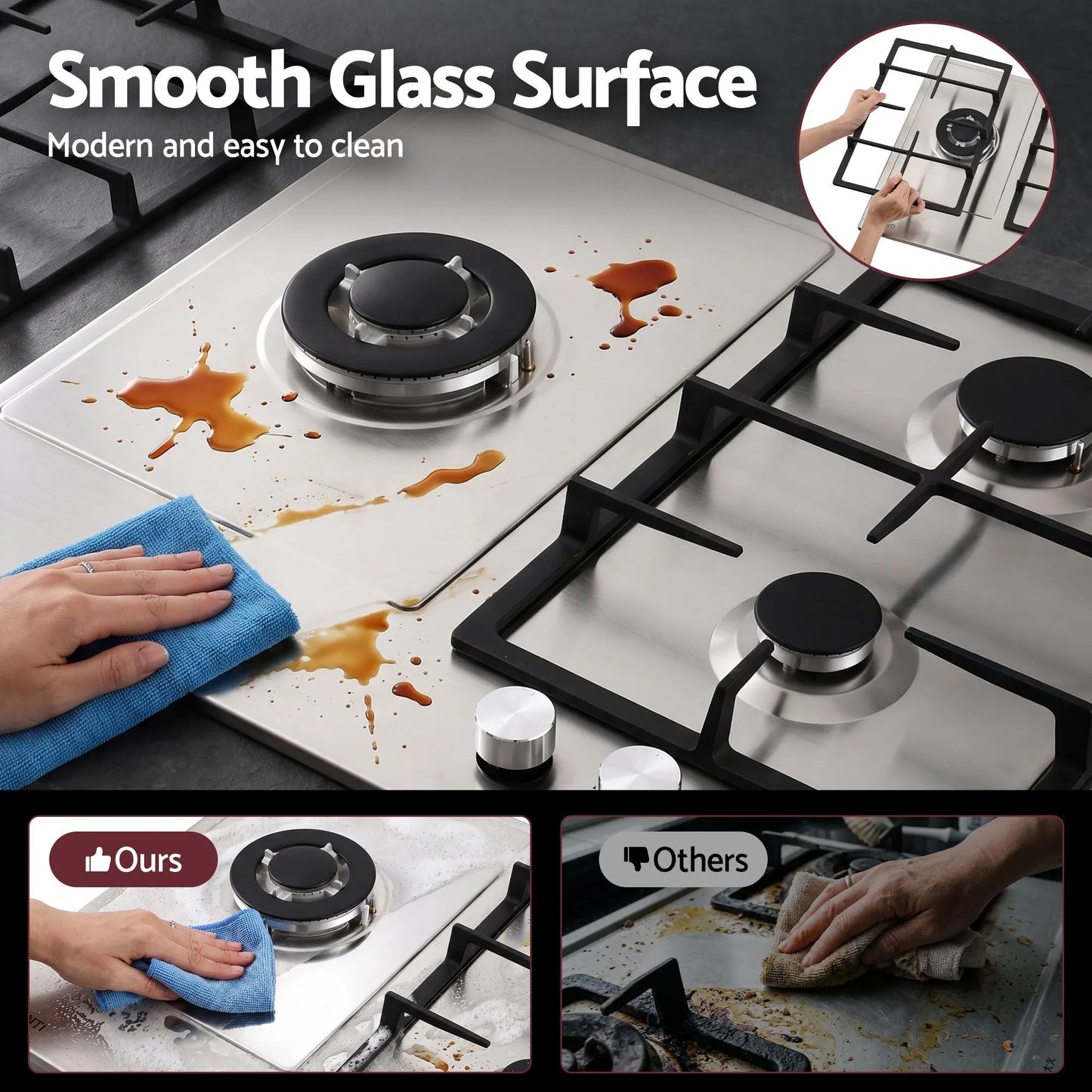 Devanti 59cm Gas Cooktop 3 Burner Knob Control Stainless Steel Hob Silver - Image 7
