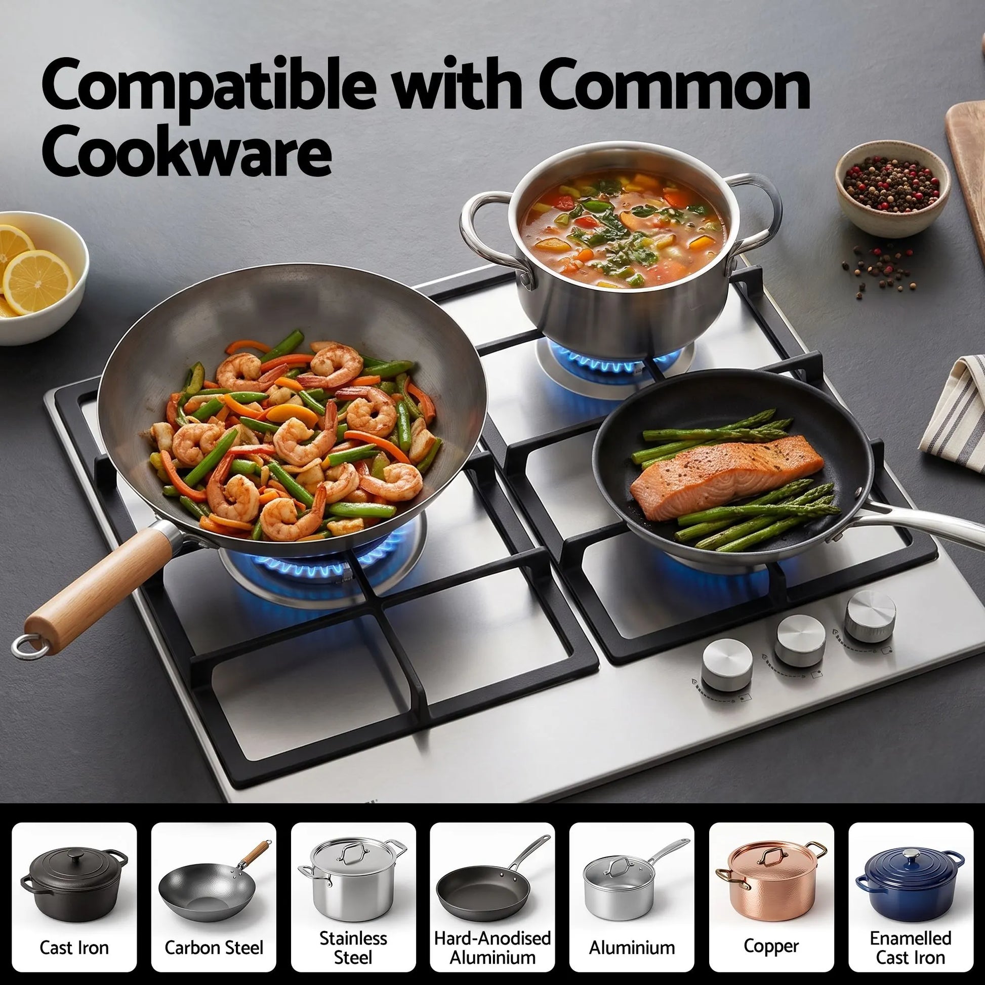 Devanti 59cm Gas Cooktop 3 Burner Knob Control Stainless Steel Hob Silver - Image 8