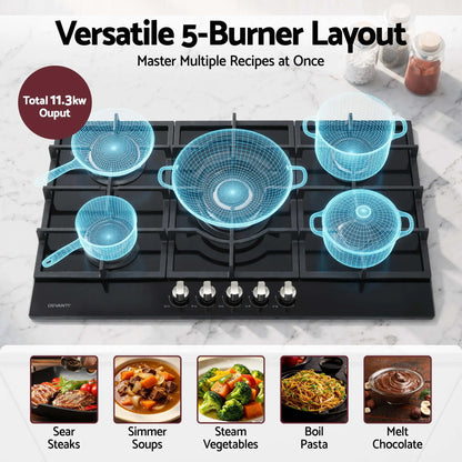 Devanti 90cm Gas Cooktop 5 Burner LPG NG Tempered Glass Hob Black - Image 4