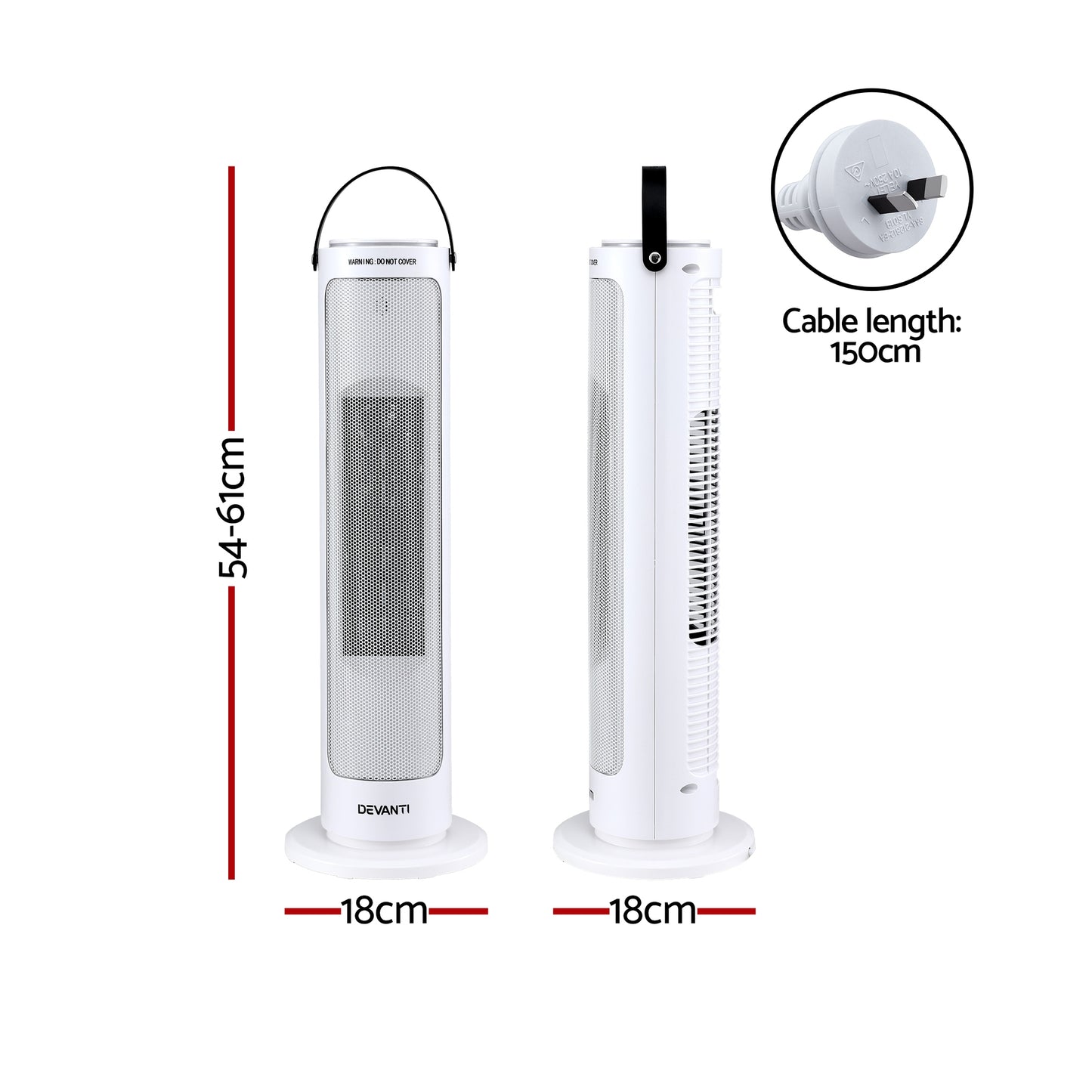Devanti 2000W Ceramic Tower Heater Space Heaters Oscillating Indoor White - Image 2