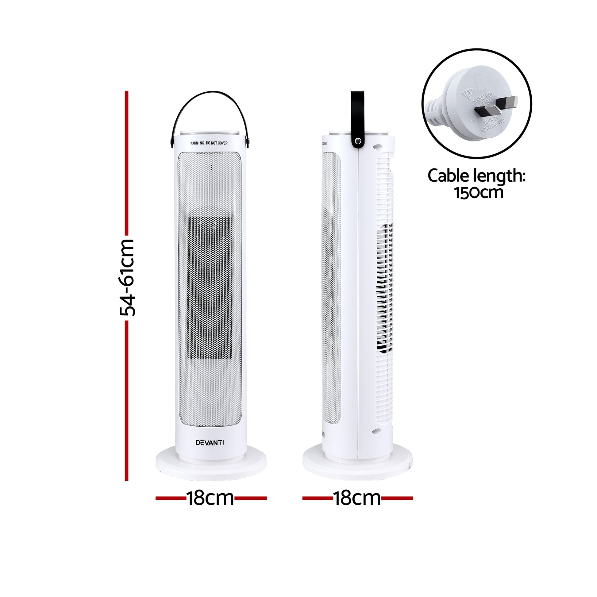 Devanti 2000W Ceramic Tower Heater Space Heaters Oscillating Indoor White - Image 2