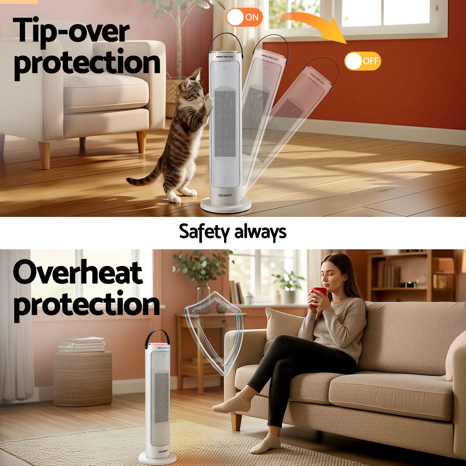 Devanti 2000W Ceramic Tower Heater Space Heaters Oscillating Indoor White - Image 8