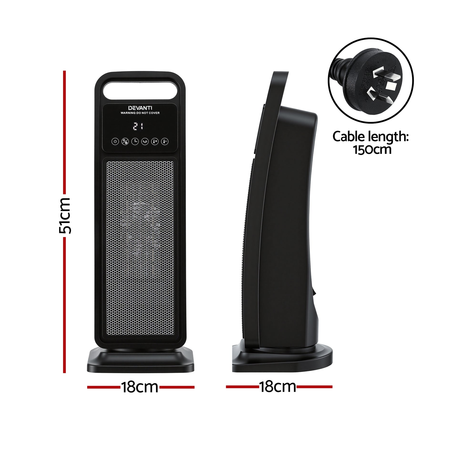 Devanti 2000W Ceramic Tower Heater Space Heaters Indoor Oscillating Black - Image 2