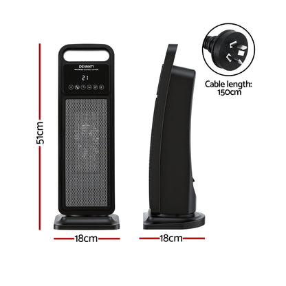 Devanti 2000W Ceramic Tower Heater Space Heaters Indoor Oscillating Black - Image 2