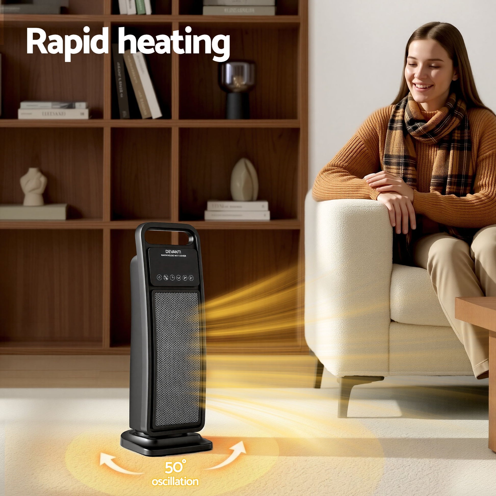 Devanti 2000W Ceramic Tower Heater Space Heaters Indoor Oscillating Black - Image 4
