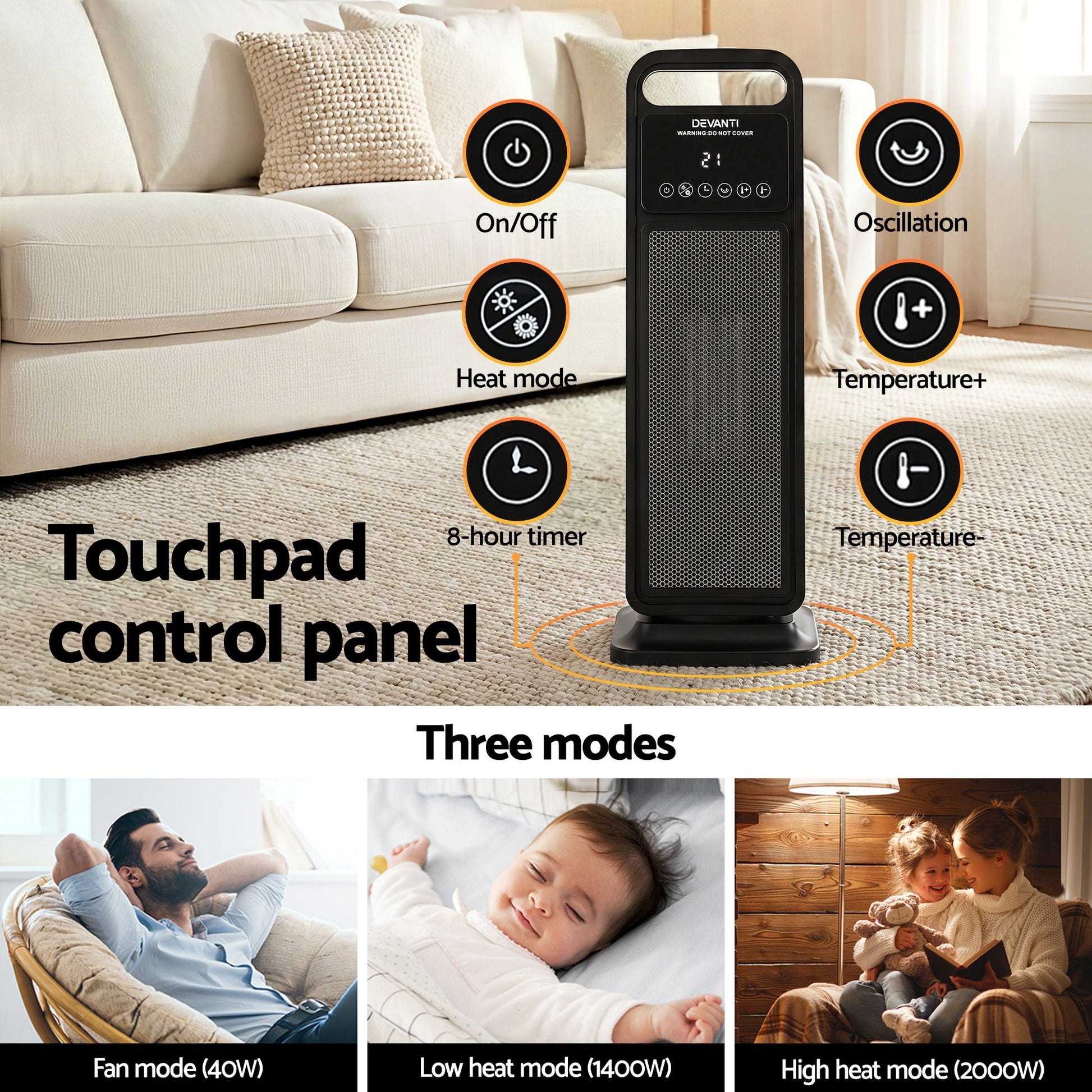 Devanti 2000W Ceramic Tower Heater Space Heaters Indoor Oscillating Black - Image 5
